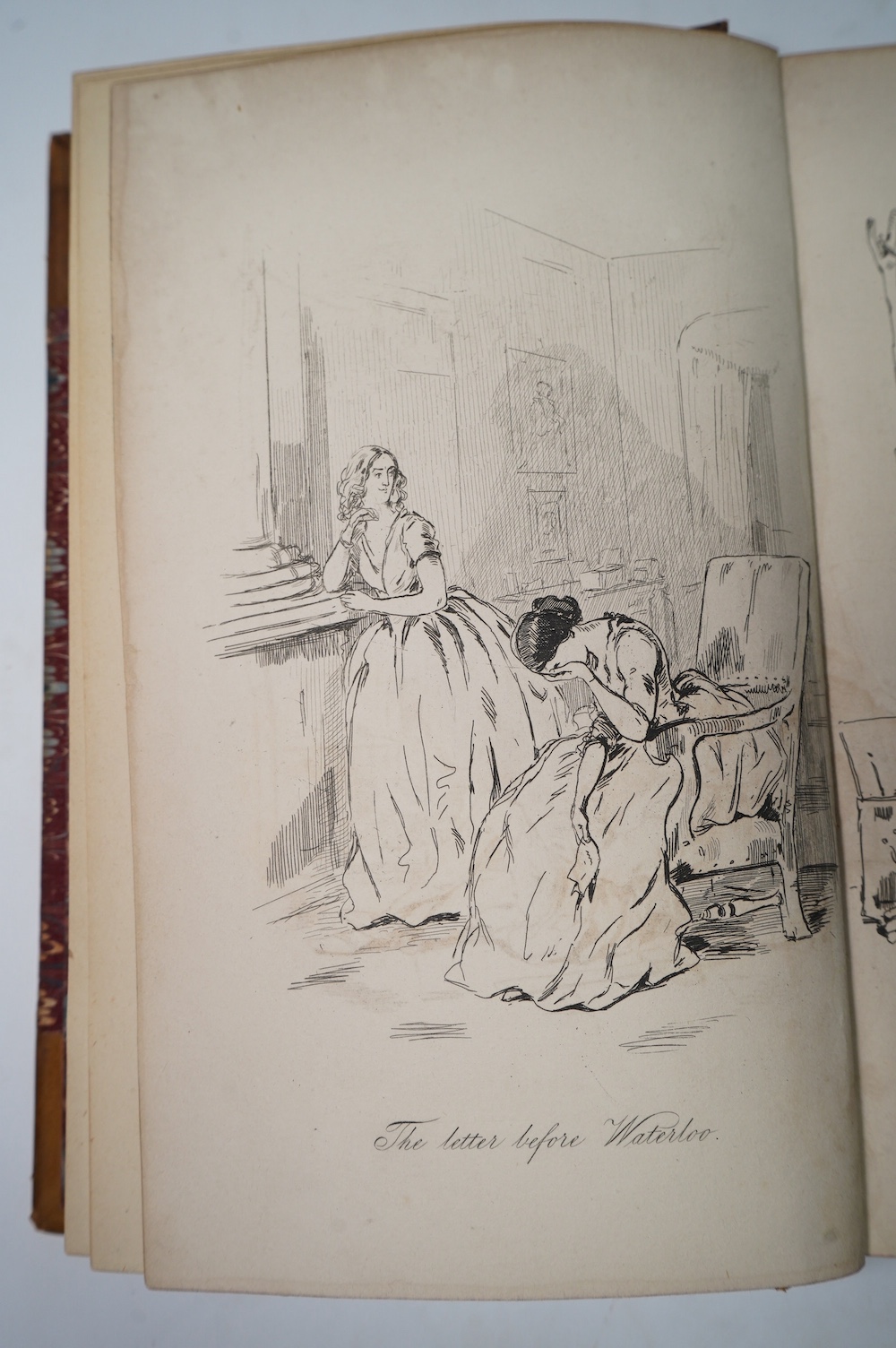 Thackeray, William Makepeace - Vanity Fair. A Novel Without a Hero. First Edition (bound as 2 vols.) engraved pictorial (vol.1) and printed (vol.2) titles, 39 plates and num. text engravings; contemp. gilt ruled half cal